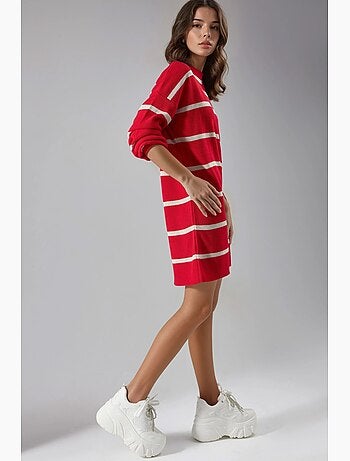 Vestido mini de malha canelada às riscas com gola redonda my fashion