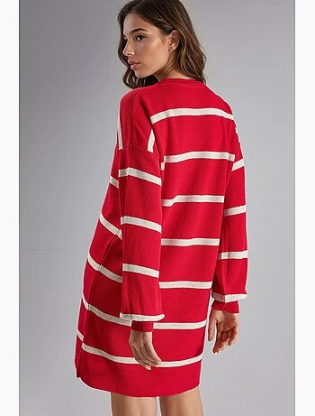 Vestido mini de malha canelada às riscas com gola redonda my fashion
