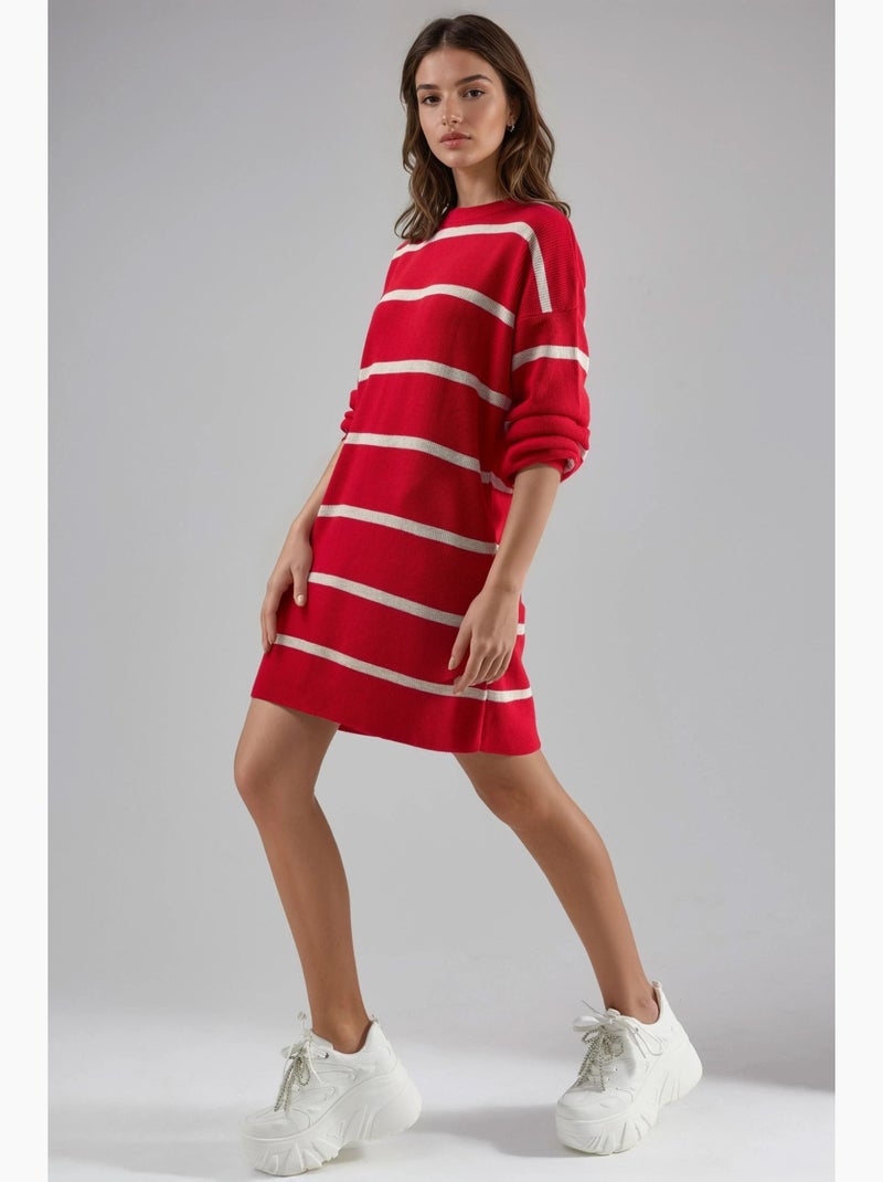 Vestido mini de malha canelada às riscas com gola redonda my fashion Vermelho - Kiabi