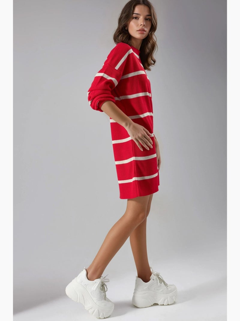 Vestido mini de malha canelada às riscas com gola redonda my fashion Vermelho - Kiabi
