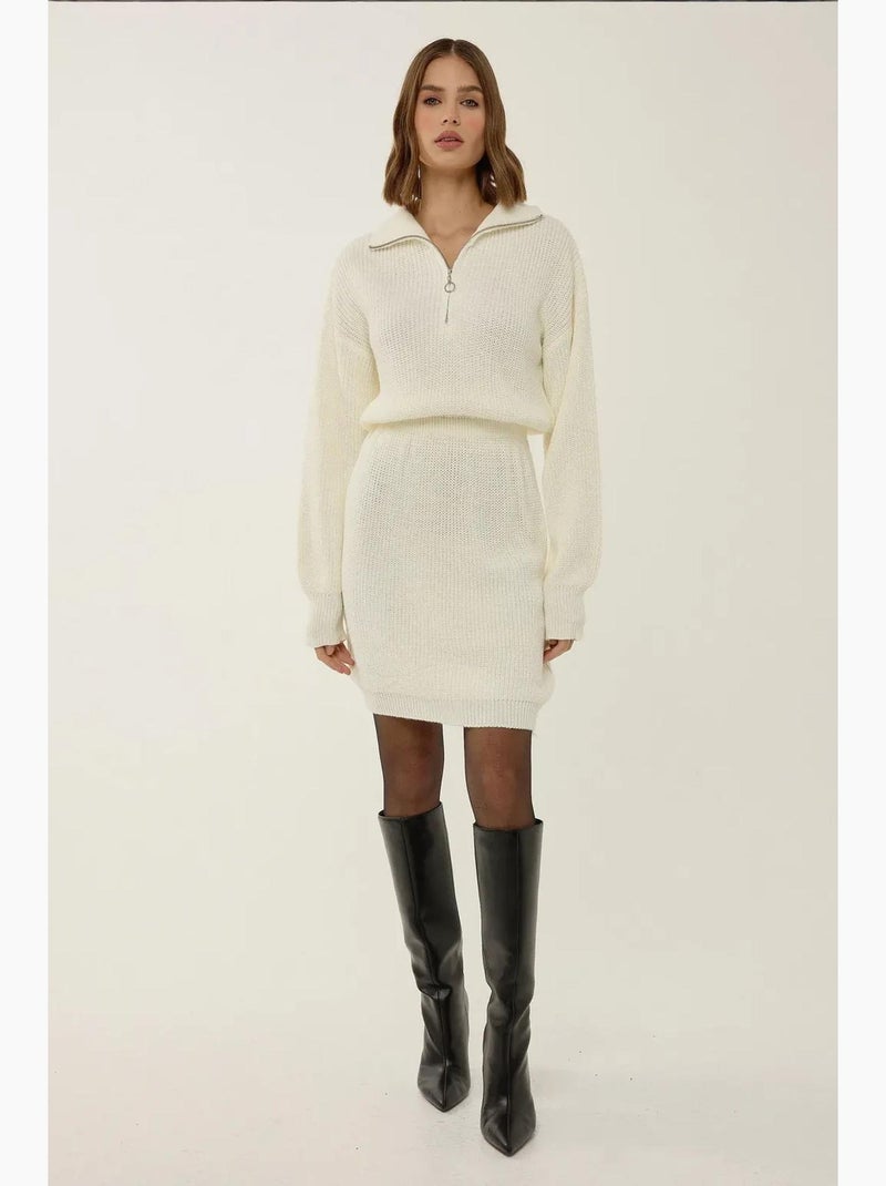 Vestido mini de malha canelada com cintura assente e gola com fecho hiccup Bege natural - Kiabi
