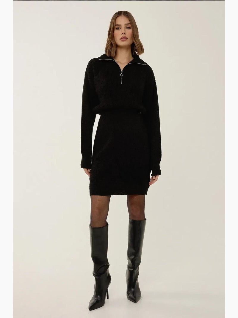 Vestido mini de malha canelada com cintura assente e gola com fecho hiccup Preto - Kiabi