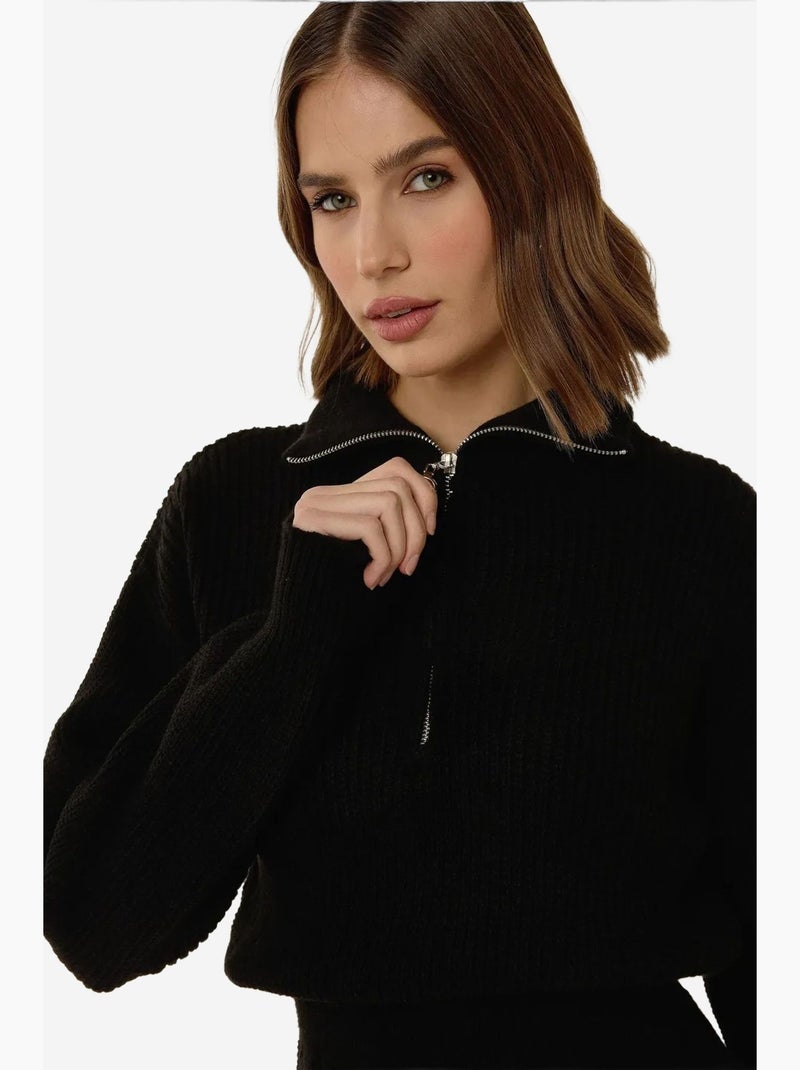 Vestido mini de malha canelada com cintura assente e gola com fecho hiccup Preto - Kiabi