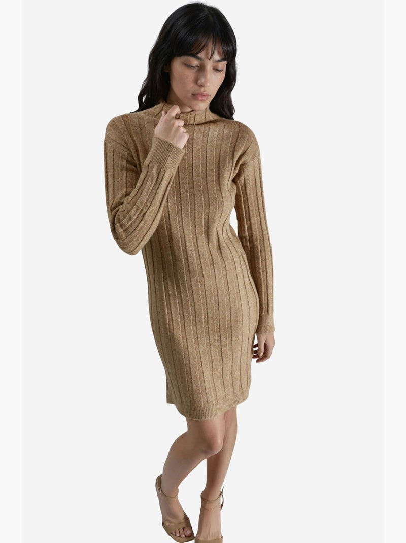 Vestido mini de malha canelada com gola alta my fashion Camelo - Kiabi