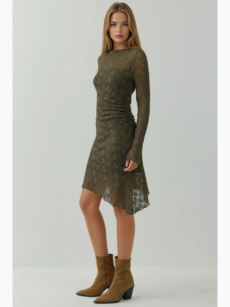Vestido mini de renda assimétrico com decote barco hiccup Verde oliva - Kiabi