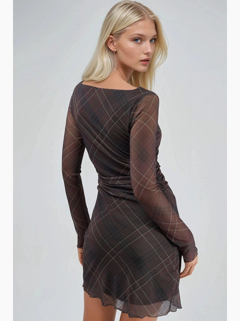 Vestido mini de tule aos quadrados busem Castanho-claro - Kiabi