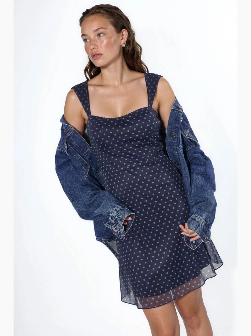 Vestido mini de tule às bolinhas com gola em coração hiccup Azul-marinho - Kiabi