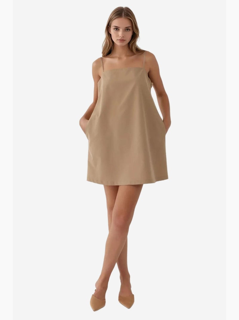 Vestido mini descontraído com decote quadrado e bolsos hiccup Bege - Kiabi