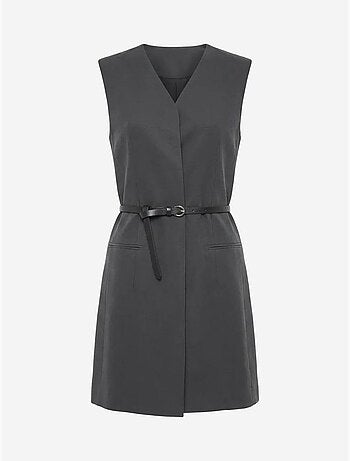 Vestido mini direito sem mangas com decote em v e cinto my fashion