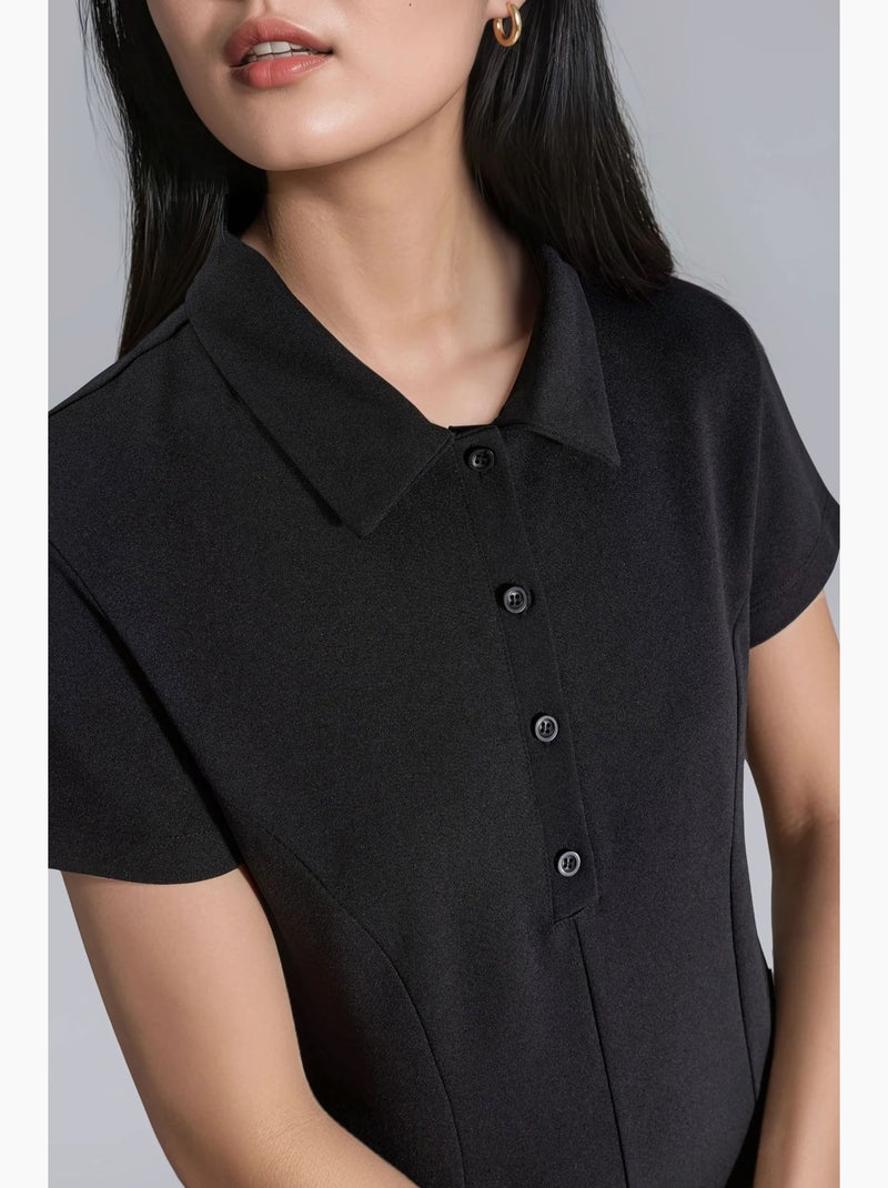 Vestido mini em crepe com fecho de botões e gola polo busem Preto - Kiabi