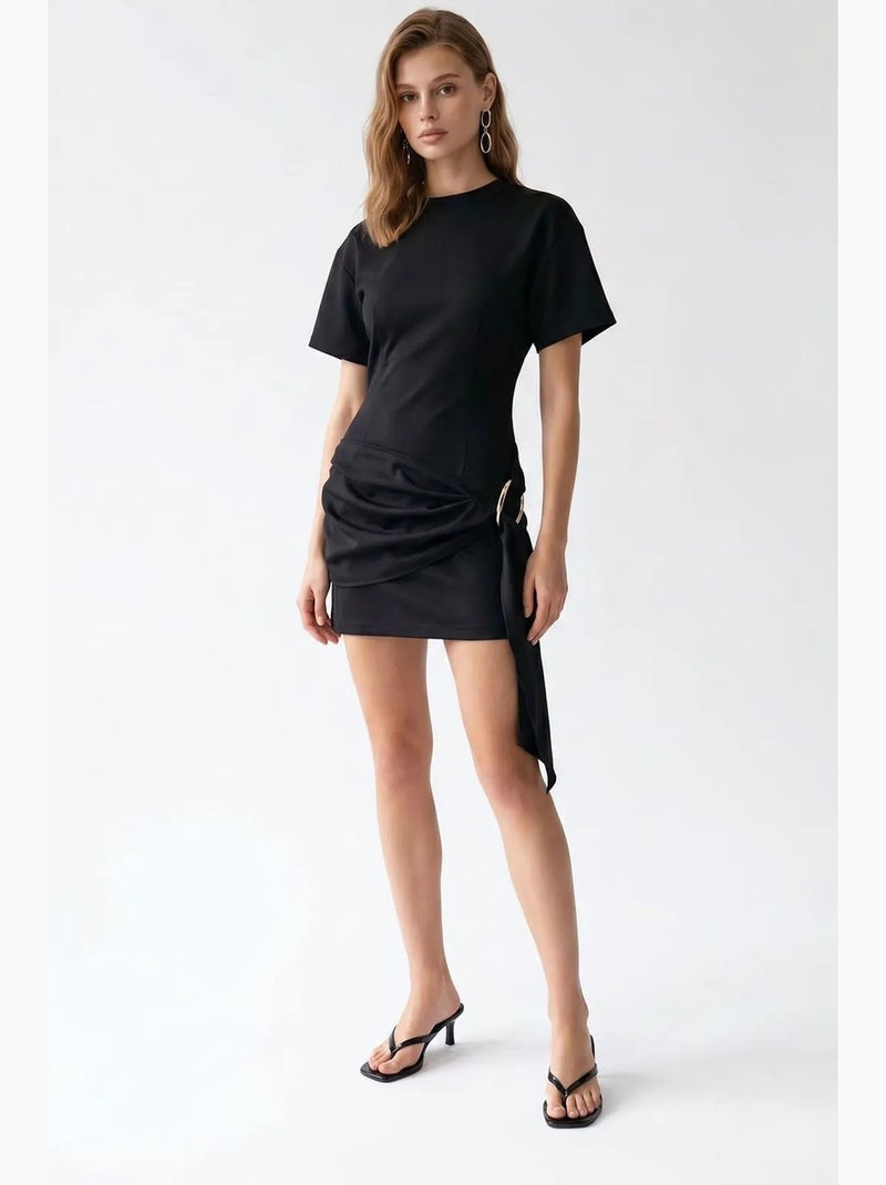 Vestido mini em crepe tecido mixray Preto - Kiabi