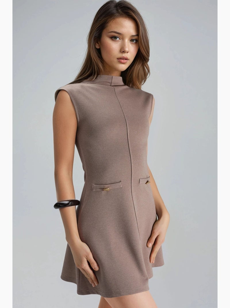 Vestido mini em linha a sem mangas com gola mandarim busem Bege-argila - Kiabi