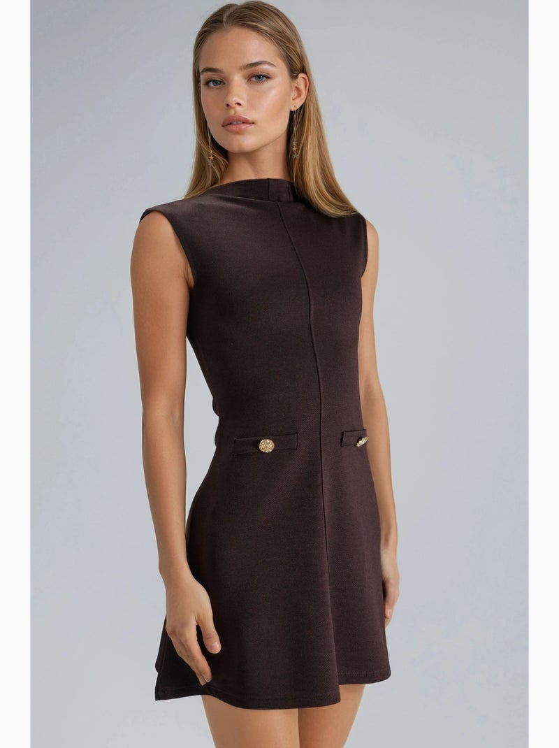 Vestido mini em linha a sem mangas com gola mandarim busem Castanho-escuro - Kiabi