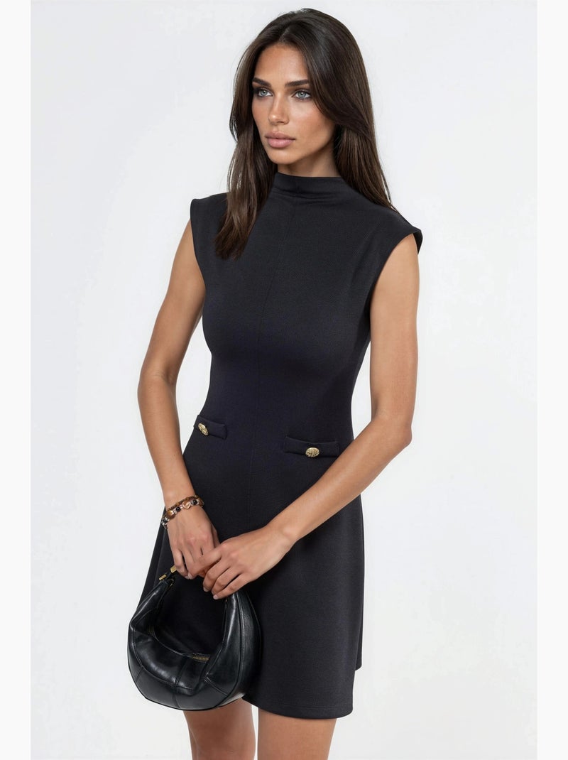 Vestido mini em linha a sem mangas com gola mandarim busem Preto - Kiabi