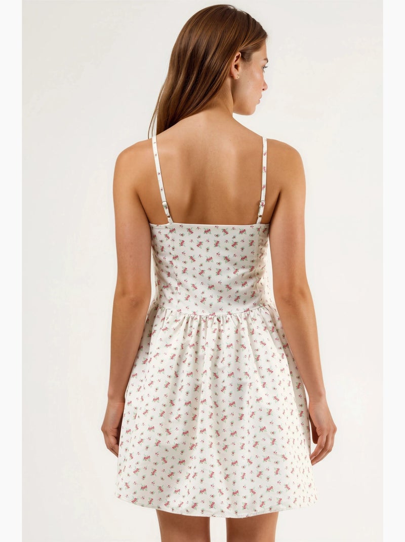 Vestido mini floral com decote em u e detalhe de laço busem Branco sujo - Kiabi