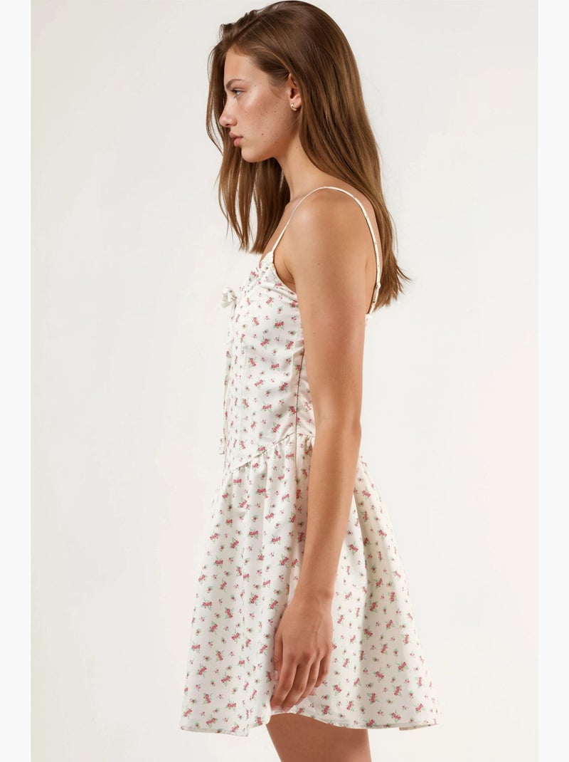 Vestido mini floral com decote em u e detalhe de laço busem Branco sujo - Kiabi