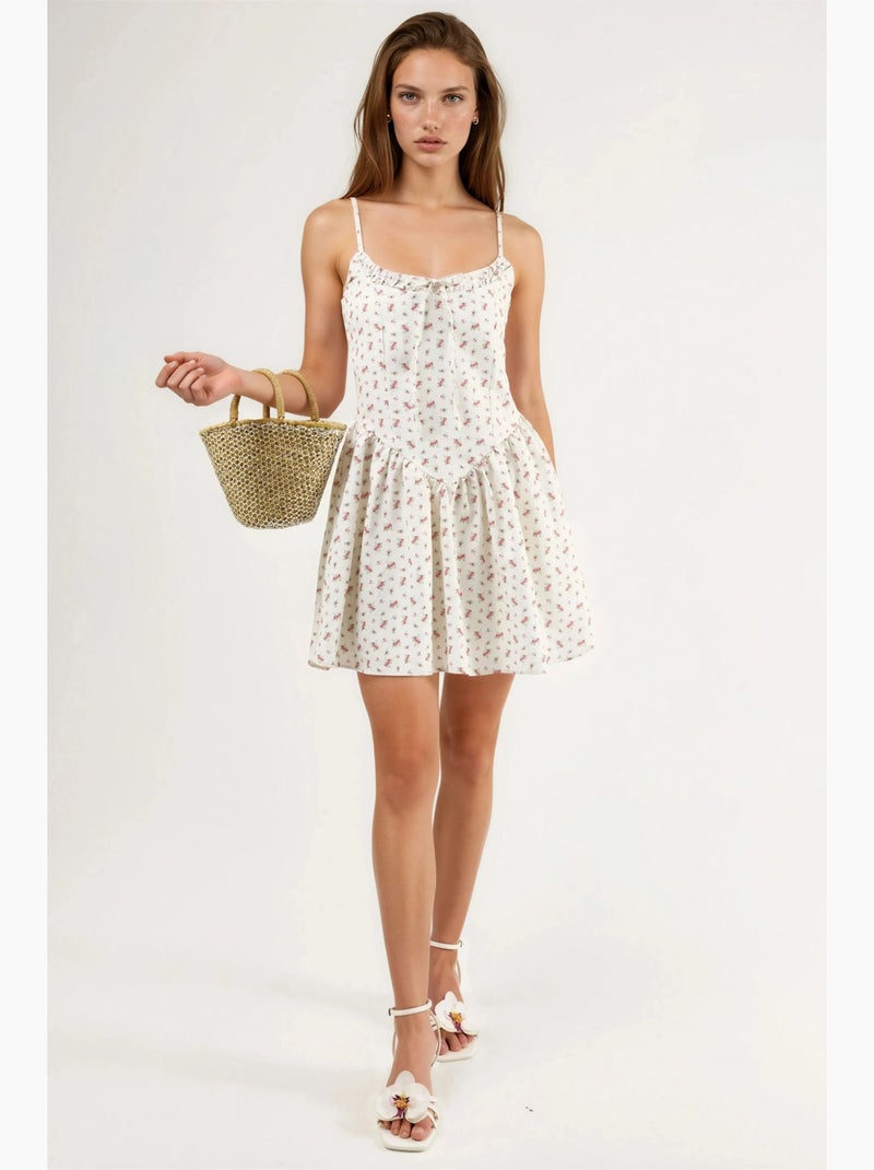Vestido mini floral com decote em u e detalhe de laço busem Branco sujo - Kiabi