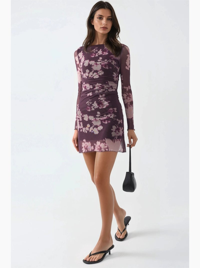 Vestido mini floral com mangas compridas busem Roxo berinjela - Kiabi