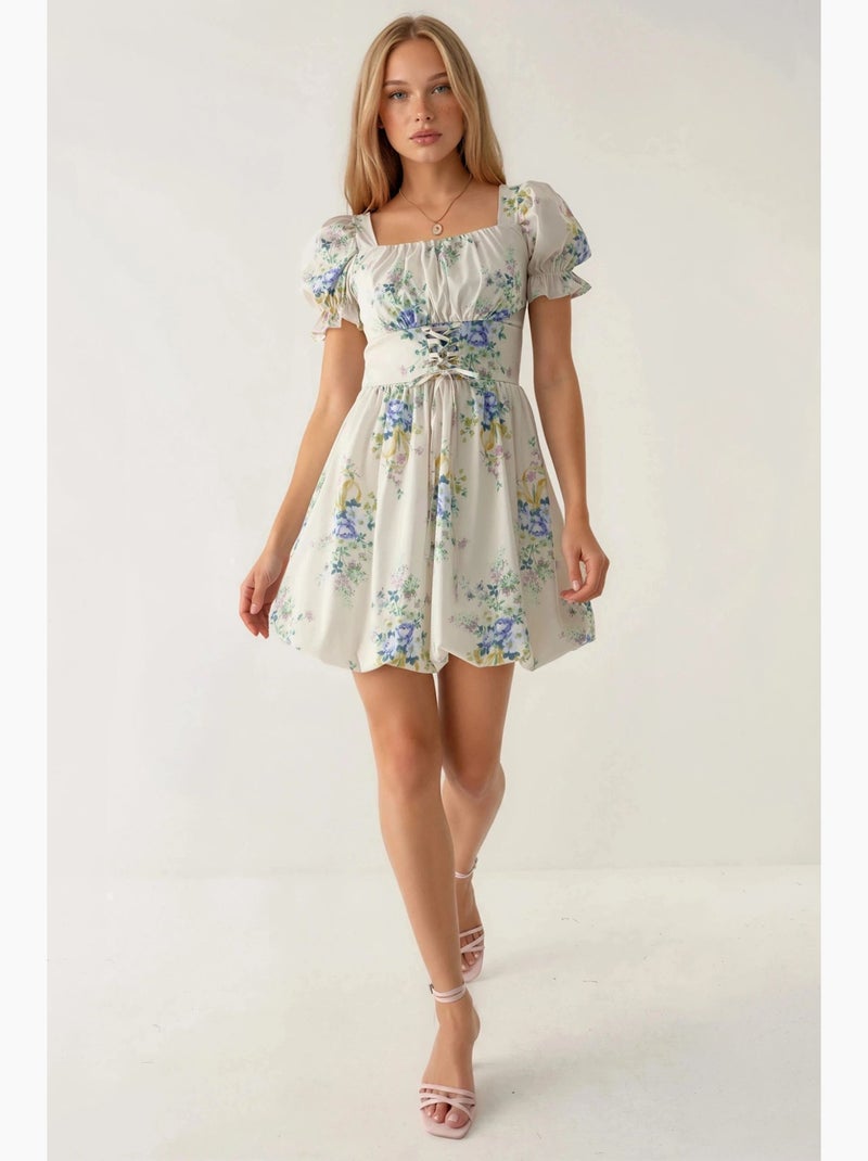 Vestido mini floral em linha a com detalhe de atilho busem Creme - Kiabi