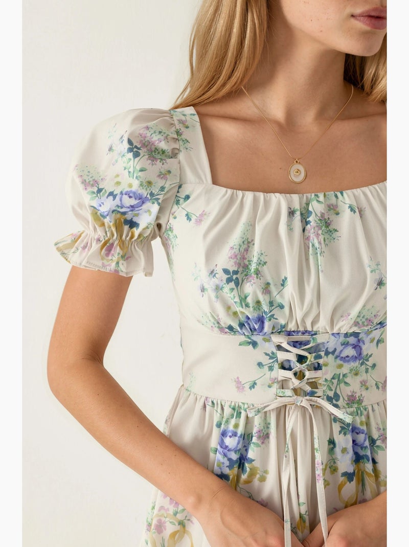 Vestido mini floral em linha a com detalhe de atilho busem Creme - Kiabi