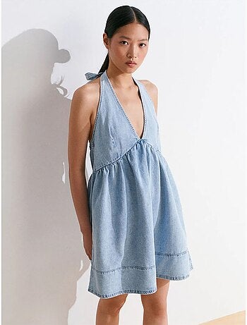 Vestido mini halter em ganga de algodão dilvin