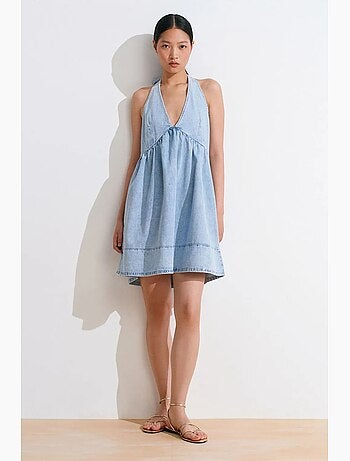 Vestido mini halter em ganga de algodão dilvin