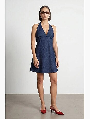 Vestido mini halter em ganga de algodão dilvin