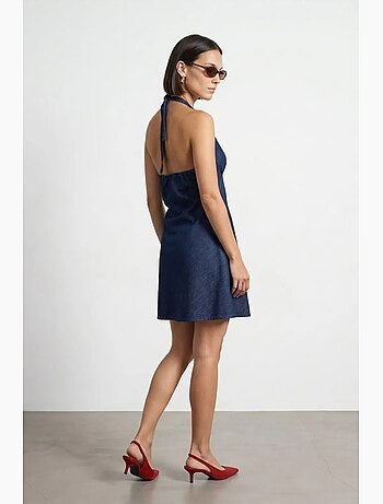 Vestido mini halter em ganga de algodão dilvin