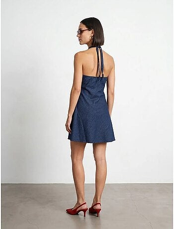 Vestido mini halter em ganga de algodão dilvin