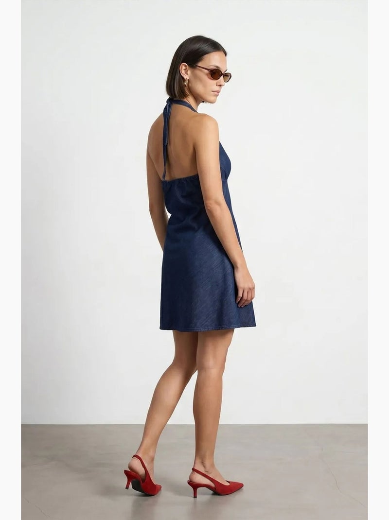 Vestido mini halter em ganga de algodão dilvin Azul-safira - Kiabi