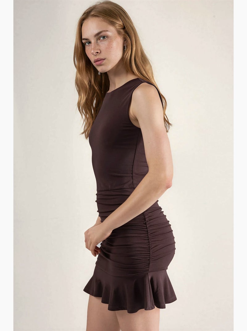 Vestido mini justo com folhos hiccup Castanho-chocolate - Kiabi