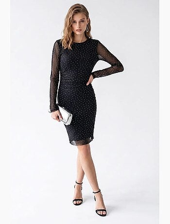 Vestido mini justo com lantejoulas e detalhe de pedra mixray