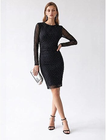 Vestido mini justo com lantejoulas e detalhe de pedra mixray