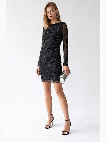 Vestido mini justo com lantejoulas e detalhe de pedra mixray