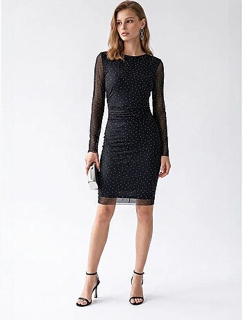 Vestido mini justo com lantejoulas e detalhe de pedra mixray