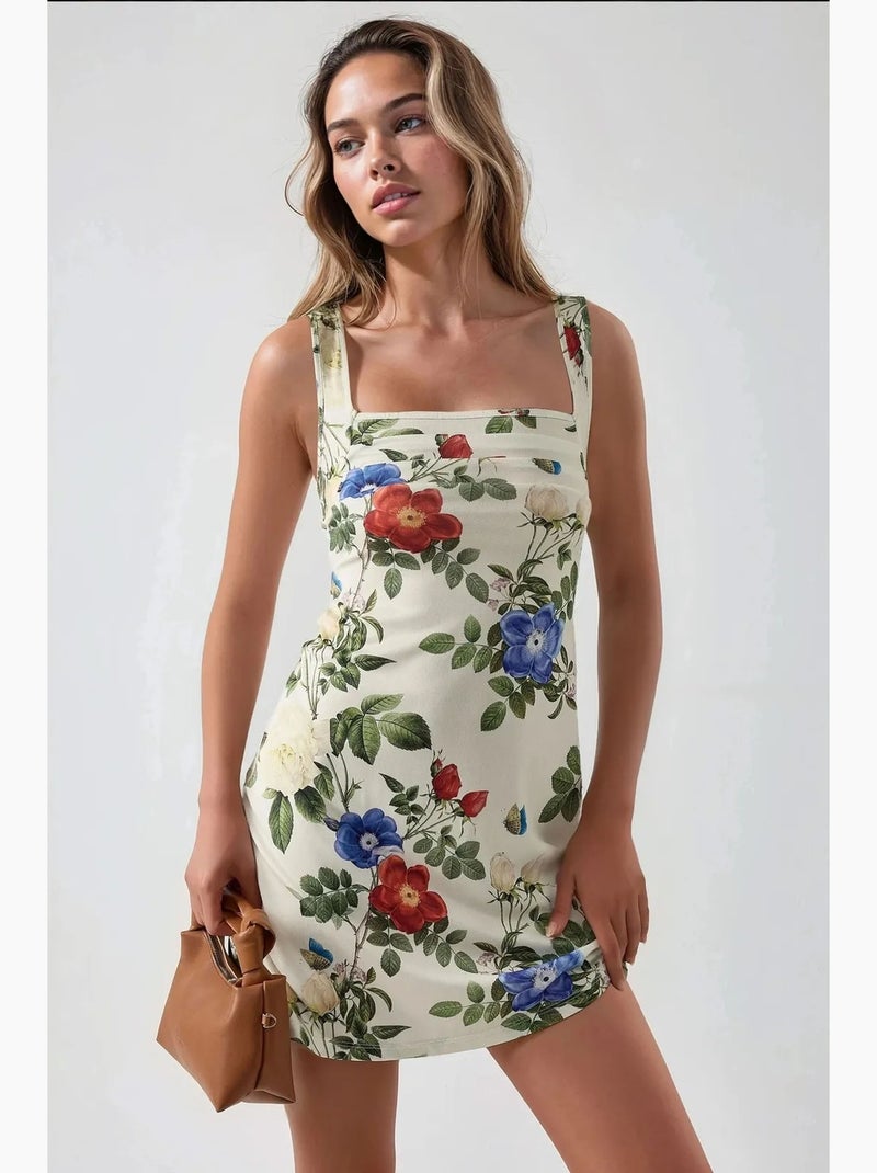 Vestido mini justo estampado com decote quadrado hiccup Marfim - Kiabi
