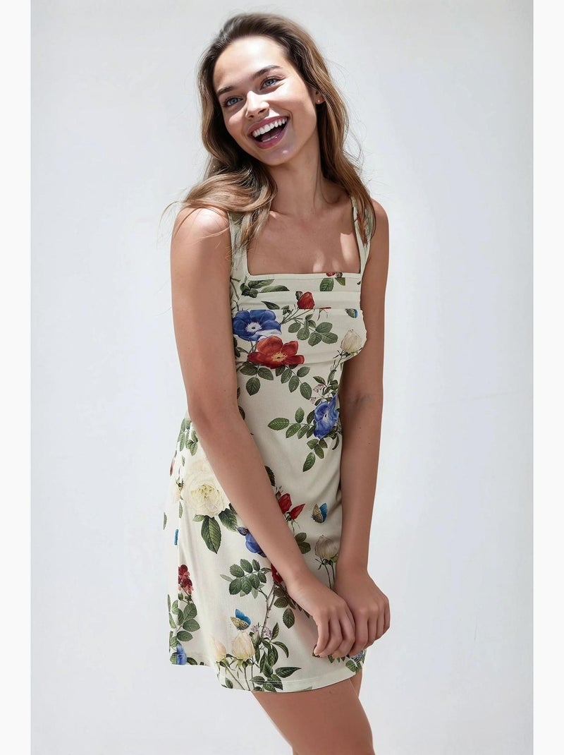 Vestido mini justo estampado com decote quadrado hiccup Marfim - Kiabi