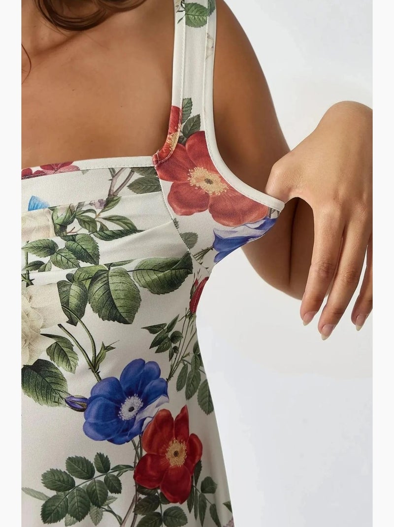 Vestido mini justo estampado com decote quadrado hiccup Marfim - Kiabi