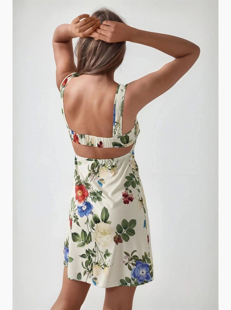 Vestido mini justo estampado com decote quadrado hiccup Marfim - Kiabi