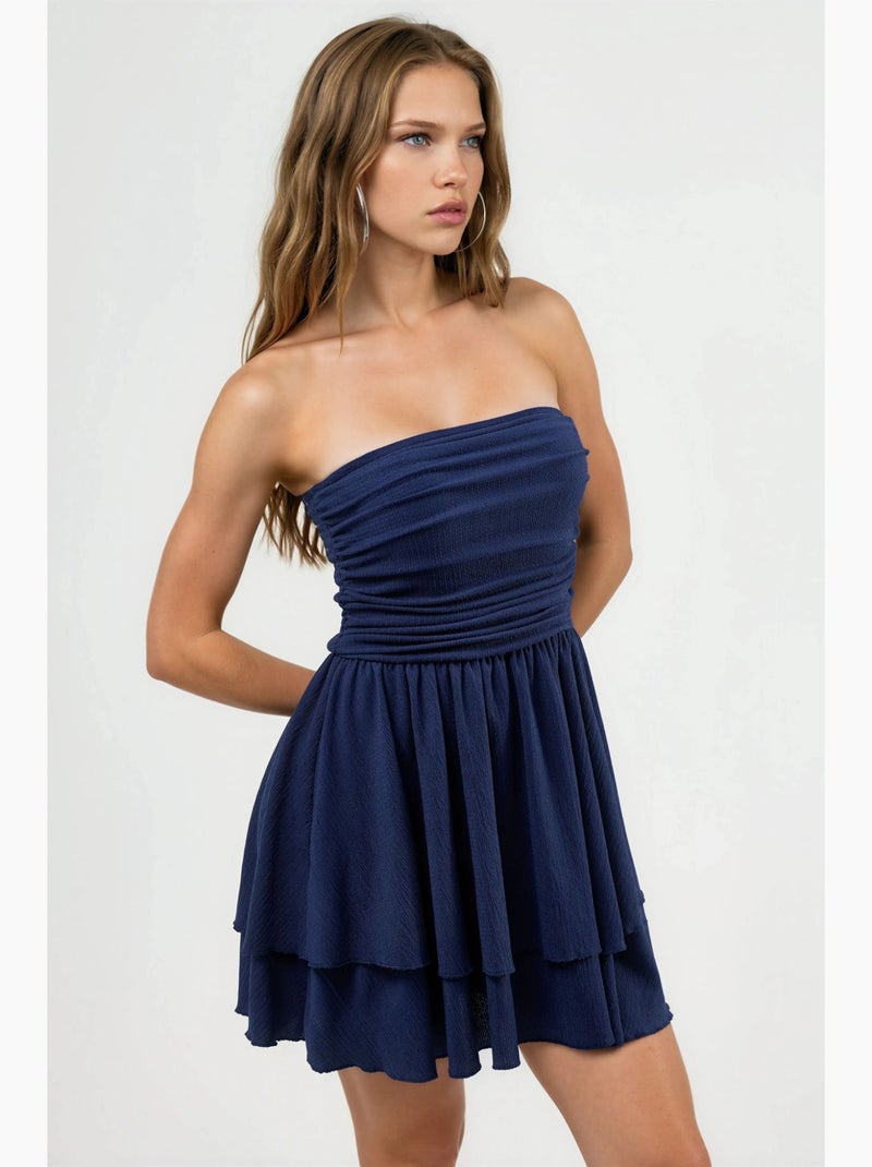Vestido mini sem alças com folhos hiccup Azul-marinho - Kiabi