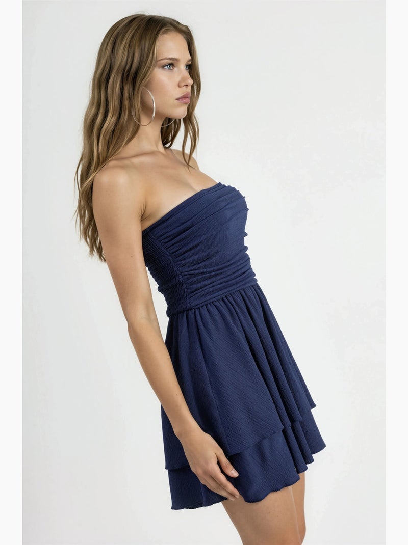 Vestido mini sem alças com folhos hiccup Azul-marinho - Kiabi