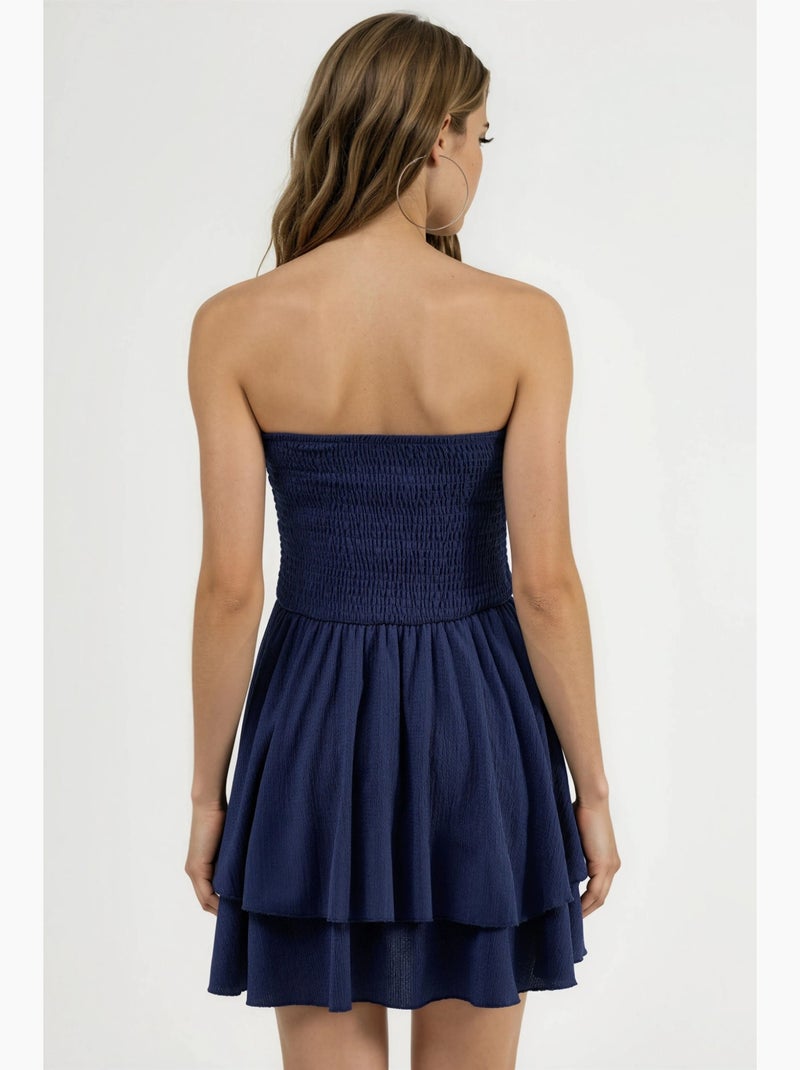 Vestido mini sem alças com folhos hiccup Azul-marinho - Kiabi