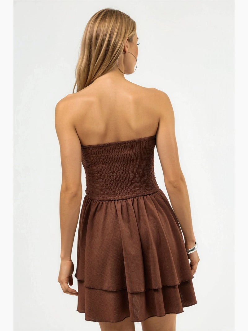 Vestido mini sem alças com folhos hiccup Castanho-chocolate - Kiabi