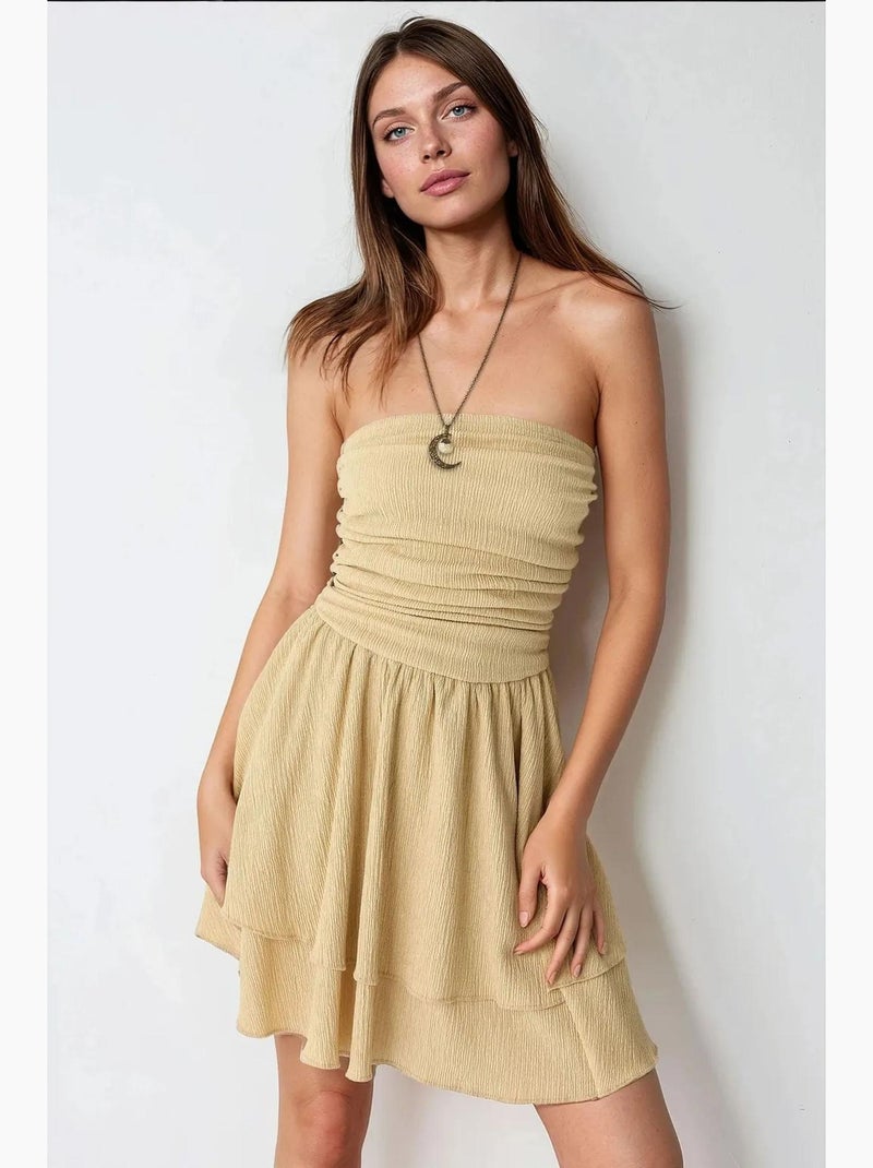 Vestido mini sem alças com textura e folhos hiccup Amarelo-limão - Kiabi