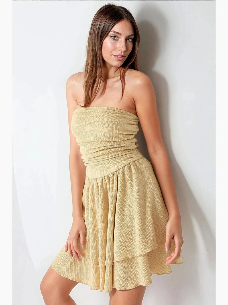 Vestido mini sem alças com textura e folhos hiccup Amarelo-limão - Kiabi