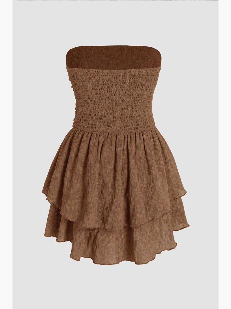 Vestido mini sem alças com textura e folhos hiccup Castanho - Kiabi