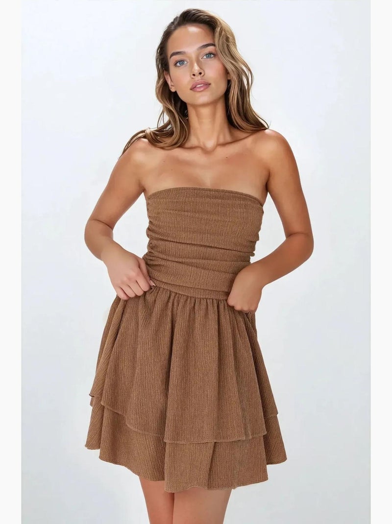 Vestido mini sem alças com textura e folhos hiccup Castanho - Kiabi