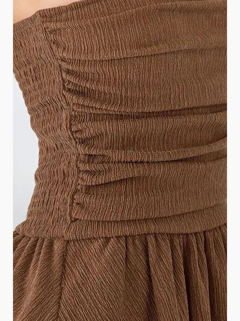 Vestido mini sem alças com textura e folhos hiccup Castanho - Kiabi
