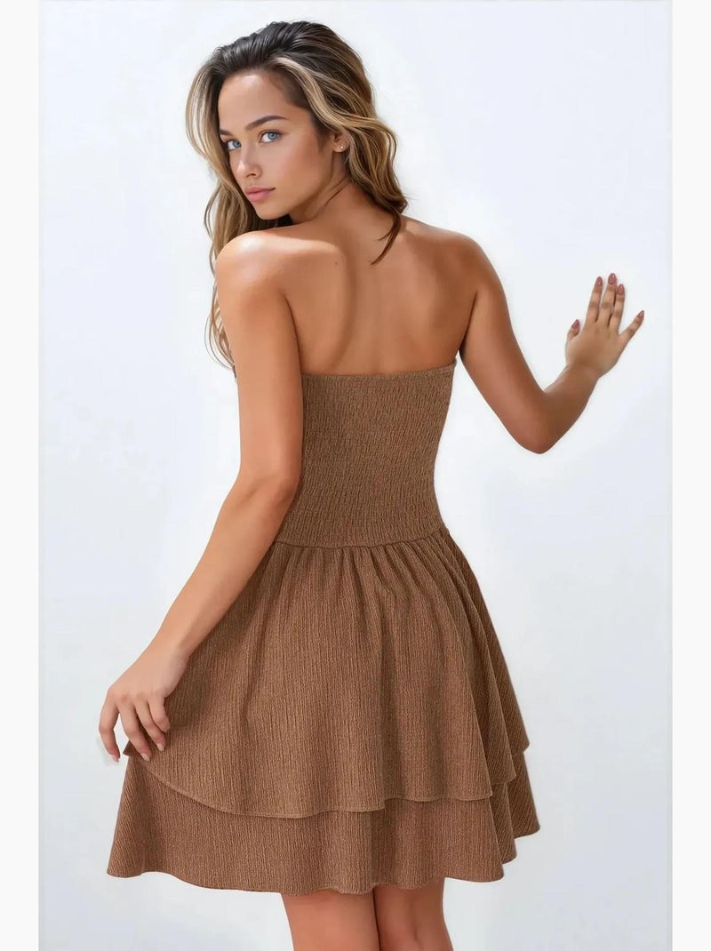 Vestido mini sem alças com textura e folhos hiccup Castanho - Kiabi