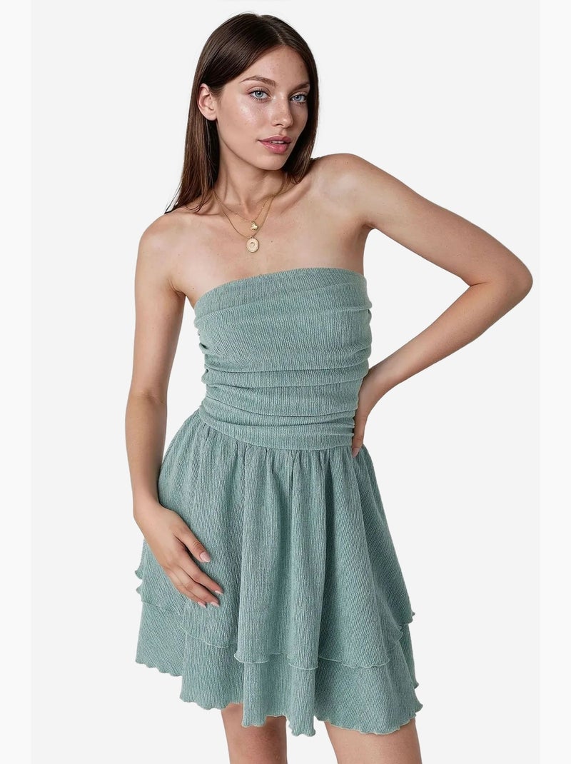Vestido mini sem alças com textura e folhos hiccup Verde menta - Kiabi